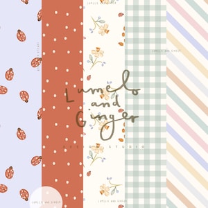 May include: A collection of five patterned designs. The patterns include ladybugs on a light blue background, white polka dots on a rust background, floral designs, a light green gingham pattern, and pastel diagonal stripes. The text "Lumelo and Ginger Design Studio" is visible.