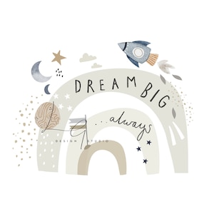 May include: A watercolor illustration of a rainbow with the text "Dream Big...always" in black script. The rainbow is decorated with stars, clouds, a rocket, and a moon. The text "Design Studio" is also included.