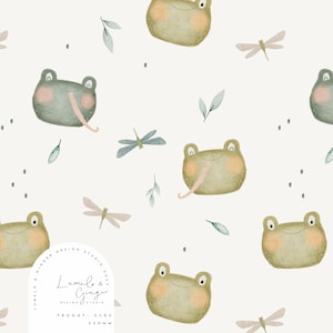May include: A seamless pattern featuring green frogs with pink cheeks and long tongues, green leaves, and dragonfly illustrations on a white background. The pattern includes the text "Lumelo & Ginger Design Studio 2023, Froggy - Ecru 220mm".