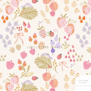 Baya, floral, mariquita, bayas, fresa, jardín, moda infantil, ropa, diseño de tela sin costuras, repetición, patrón no exclusivo