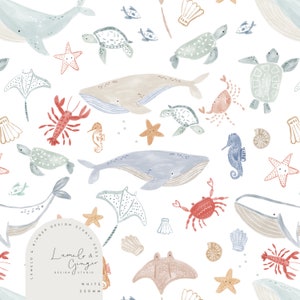 Etched Deep Blue sea, whale, crab unisex, Seamless Fabric Design,  Repeat Tile, Pattern Lunoe