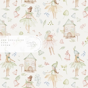 May include: A seamless pattern featuring watercolor illustrations of fairies, houses, and flowers. The fairies are wearing dresses in shades of pink, green, and brown. The houses are small and have brown roofs. The flowers are in shades of pink, blue, and green. The background is a light cream color. The text "Non Exclusive, Ecru, 220mm" is visible in the bottom left corner. The text "Lumil & Ginger Design Studio 2022" is visible in the top right corner.