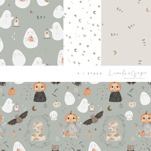 Może przedstawiać: Zestaw czterech cyfrowych wzorów bez szwów z ilustracjami o tematyce Halloween. Wzory zawierają duchy, dynie, nietoperze, gwiazdy, księżyce i słowo "BOO".