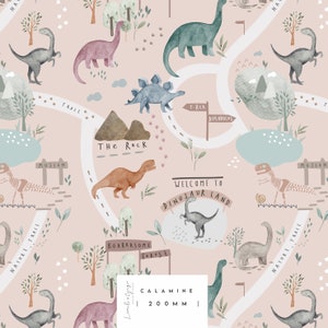 Reis naar dinosaurusland, Dino, T-rex, Stegosaurus, meisje, land, kaart naadloos stofontwerp, herhaal tegel, patroon Lunoe