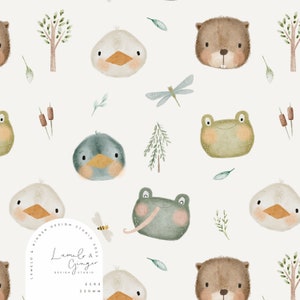Ponbobs, pond, beaver, frog, dragonfly, bee, duck, animal head, goose, Seamless Fabric Design,Repeat Tile, Pattern Lunoe