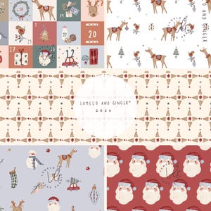 May include: A digital collage of Christmas-themed patterns featuring an advent calendar grid, reindeer, stylized stars, snowmen, and Santa Claus faces. The designs include festive motifs like ornaments, candy canes, and gifts in red, blue, and cream.