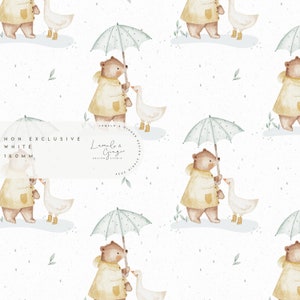 May include: A seamless pattern featuring a brown bear holding an umbrella and a white goose. The pattern is on a white background with small grey raindrops and green leaves. The text "Lumble & Ginger Design Studio" is in a circle in the bottom right corner of the image.