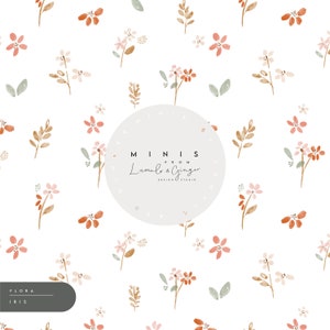 May include: Watercolor floral pattern featuring scattered flowers and leaves in shades of peach, brown, and green on a white background. The design includes text that reads "MINIS from Lumel & Ginger Design Studio" and "FLORA IRIS".