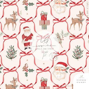 May include: A seamless pattern on a light pink background featuring watercolor illustrations of Santa Claus, reindeer, stacked gift boxes, pine branches, and holly berries, all interconnected by flowing red ribbons with bows.