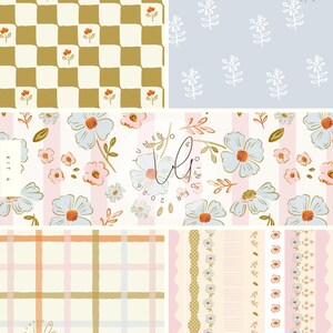Könnte beinhalten: Eine Sammlung floraler und geometrischer Muster in verschiedenen Designs. Enthält ein gold-cremefarbenes Schachbrettmuster mit roten Blumen, ein hellblaues Blumenmuster, ein rosa-weiß gestreiftes Blumendesign, ein Karomuster und Blumenbordüren.