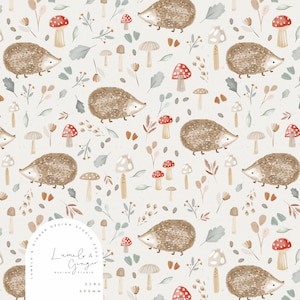 May include: A seamless pattern featuring watercolor illustrations of hedgehogs, mushrooms, and leaves on a light beige background. The pattern is perfect for fabric, wallpaper, or wrapping paper.