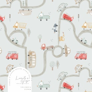 Petite Carte, cars, bus, map, route, school, town little village, Etched, outline Seamless Fabric Design, Repeat Tile, Pattern Lunoe