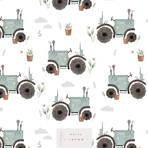 May include: A seamless pattern featuring watercolour illustrations of a blue tractor with brown wheels, green plants, white clouds, and small bees. The pattern is on a white background and includes the text "WHITE 180MM".