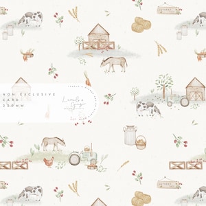 May include: A seamless pattern featuring a watercolour illustration of a farm scene with a red barn, a tractor, a donkey, cows, hay bales, and other farm elements. The pattern is on a white background with a light brown border.