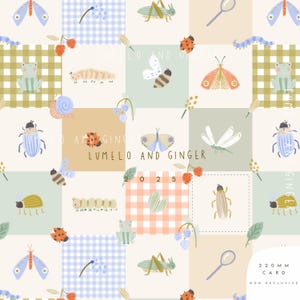 May include: A colorful patchwork pattern featuring various insects, including butterflies, ladybugs, caterpillars, and grasshoppers. The pattern also includes a magnifying glass, a snail, and a frog. The background is a light cream color with a checkered pattern in shades of blue, green, and pink.