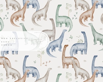 May include: A seamless pattern featuring watercolor illustrations of dinosaurs in shades of blue, green, brown, and beige. The dinosaurs are arranged in a repeating pattern on a white background. The text "Lumb & Ginger Design Studio" is included in the pattern.