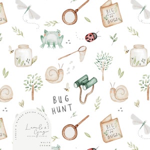 Op de afbeelding: Een naadloos patroon met een aquarel-illustratie van een insectenjacht-thema. Het patroon bevat een vergrootglas, een verrekijker, een vlinder, een lieveheersbeestje, een kikker, een slak, een pot met een bij, een net, een boom en een boek met de titel "Groot boek van insecten". De tekst "Insectenjacht" is ook in het patroon opgenomen.