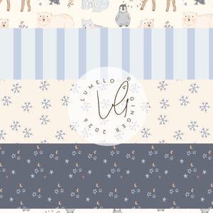 Peut inclure: Plusieurs motifs sur le thème de l'hiver avec des ours polaires, des pingouins, des rennes et des flocons de neige. Les motifs incluent des rayures, des étoiles et des lunes en bleu, beige et gris. Le texte "UMELO & GINGER 2020" est inclus.