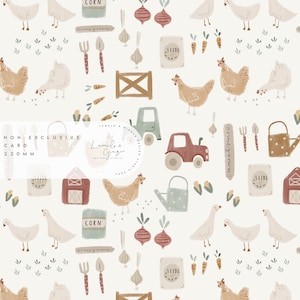 Peut inclure: Un motif sans couture présentant une variété d'illustrations sur le thème de la ferme, notamment des poulets, des tracteurs, des arrosoirs, du maïs, des graines et une grange rouge. Le motif est sur un fond blanc et est parfait pour une utilisation dans des projets d'artisanat et de design.