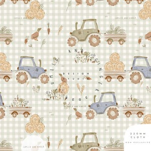 May include: A repeating pattern with tractors, hay bales, ducks, and floral elements on a light green and white checkered background. The design includes the text "LUMELO AND GINGER" and "DESIGN STUDIO 2023".