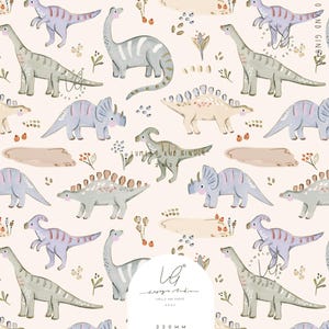 May include: A repeating pattern on a light cream background featuring various dinosaurs in shades of blue, grey, and tan, interspersed with small botanical elements. A white arch-shaped label at the bottom displays the text Lumelo and Ginger 2026.