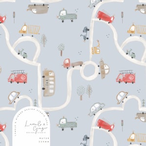 Petite Carte, cars, bus, map, route, school, town little village, Etched, outline Seamless Fabric Design, Repeat Tile, Pattern Lunoe