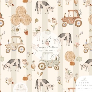 May include: A seamless pattern featuring watercolour illustrations of cows, tractors, hay bales, chickens, and pumpkins on a cream and beige striped background. The design includes small floral elements and the text Lumelo and Ginger 2026.