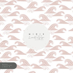 May include: A seamless pattern featuring light pink waves on a white background. The pattern is titled "Waves Light P" and includes a logo for "Minis from Lumo & Ginger Design Studio".