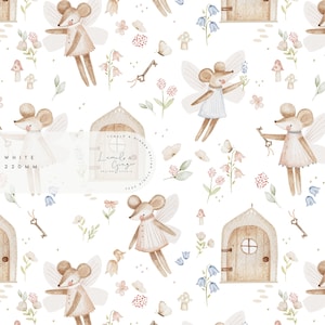 Puede incluir: Un patrón sin costuras con ilustraciones de acuarela de ratones lindos con alas, flores, mariposas, llaves y pequeñas casas con puertas. El fondo es blanco.