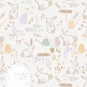 May include: A seamless pattern featuring white bunnies, pastel eggs, flowers, and watering cans on a light beige background. The text "This way" is repeated on signs throughout the pattern.