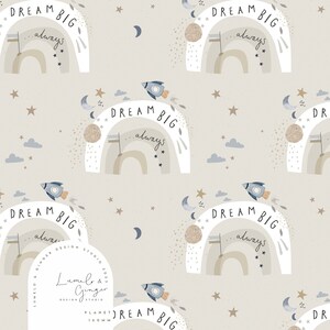 May include: A seamless pattern featuring a rainbow with the text "Dream Big...always" in a white and blue colour scheme. The pattern also includes stars, moons, clouds, and rockets. The background is a light beige colour.