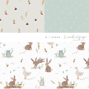 May include: A seamless pattern featuring a white background with illustrations of bunnies, geese, watering cans, carrots, radishes, and bees. The pattern is repeated throughout the image. The text "Lumelo & Ginger Design Studio" is visible in the upper right corner of the image.
