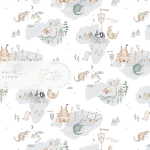 Vale, dragon map, castle, knights, white colurway, Children's Fashion, clothes, Seamless Fabric Design, Repeat Tile, Pattern Non Exclusive