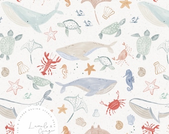 Geätztes tiefblaues Meer, Wal, Krabbe unisex, Seamless Fabric Design, Rapport Tile, Muster Lunoe