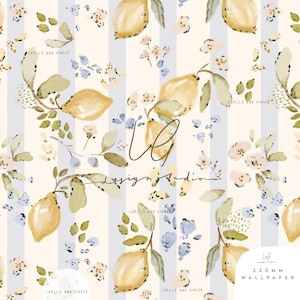 May include: Watercolor wallpaper design featuring lemons, leaves, and flowers in soft yellow, green, and blue hues. The design includes vertical stripes and the text "LUMELO AND GINGER" and "design studio". The wallpaper is 220 mm.