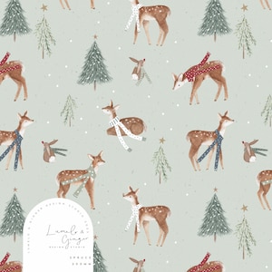 May include: A seamless pattern featuring a light blue background with white snowflakes. The pattern includes illustrations of deer wearing scarves, small bunnies wearing scarves, and green pine trees with gold stars on top. The text "Lumelo & Ginger Design Studio 2023" is in a white circle at the bottom of the pattern.