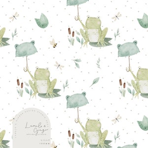 Könnte beinhalten: Ein nahtloses Muster mit Aquarell-Illustrationen von grünen Fröschen, die Regenschirme halten, Libellen, Bienen und Blättern auf weißem Hintergrund. Das Muster enthält den Text "Lumelo & Ginger Design Studio 2023 Lilly 150mm".