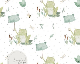 Grimble, frog, umbrella, Children's fashion, Lilly pad, pond, Non Exclusive Seamless Fabric Design, Repeat, Pattern