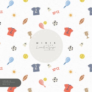 May include: A seamless pattern featuring various sports-themed illustrations, including tennis rackets, soccer balls, basketballs, baseballs, trophies, and t-shirts with the number "2" on them. The pattern is set against a white background with a subtle texture. The text "MINIS FROM Lumelo & Ginger DESIGN STUDIO" is featured in a circle.