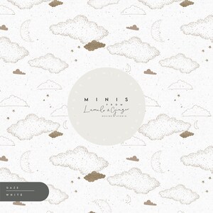 May include: A seamless pattern featuring gold glitter clouds, stars, and crescent moons on a white background. The text "MINIS FROM Lumio & Ginger DESIGN STUDIO" is in a circle in the center of the pattern.