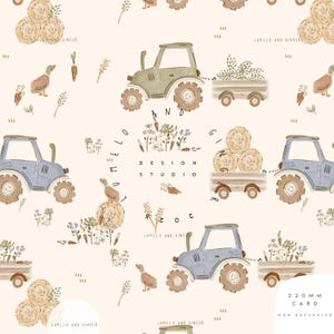 May include: A repeating pattern on a light cream background featuring illustrations of blue and green tractors pulling trailers filled with hay bales, wheat, and flowers. The design includes ducks, carrots, and the text Lumelo and Ginger Design Studio.