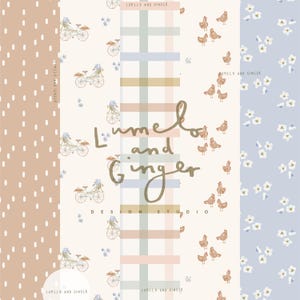 May include: A pattern design featuring various repeating motifs. These include bicycles with floral baskets, small chickens, and delicate white flowers. The design incorporates a color palette of beige, light blue, and pastel pink. The text "Lumelo and Ginger Design Studio" is also present.