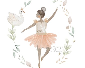 May include: A watercolor illustration of a ballerina with brown skin wearing a peach-colored tutu and a crown. She is dancing with a white swan to her left. The illustration is surrounded by a wreath of green leaves and gold stars.