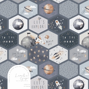 May include: A blue and white space-themed fabric with a repeating pattern of hexagons. Each hexagon features a different space-themed illustration, including planets, rockets, stars, and text. The text includes phrases like "Let's Explore", "To the Moon", and "Sky is the Limit".