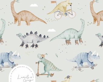 ローラー恐竜、恐竜、スケートボード、ローラーブレード、楽しい、T-Rex シームレス ファブリック デザイン、リピート タイル、パターン Lunoe 非独占