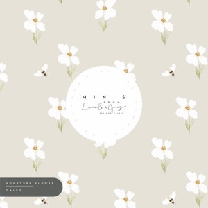 Puede incluir: Un patrón de flores de margarita blancas sobre un fondo beige claro con un círculo blanco que contiene el texto "MINIS from Lumelo & Ginger DESIGN STUDIO".