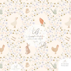 Puede incluir: Un patrón caprichoso con un fondo beige claro, adornado con ilustraciones de un ganso, un conejo, una gallina, zanahorias y herramientas de jardinería. También hay delicadas flores azules y rosas y el texto "LUMELLO AND GINGER 2026".