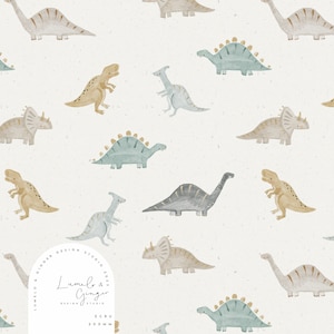 Peut inclure: Un motif sans couture représentant divers dinosaures dans des tons de brun, gris et bleu sur un fond blanc. Les dinosaures comprennent un stégosaure, un tricératops, un brachiosaure et un tyrannosaure rex. Le motif est parfait pour le tissu, le papier peint ou le papier d'emballage.