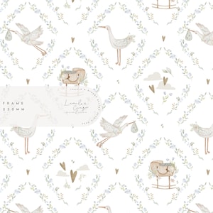 以下が含まれることがあります： 白い背景に、赤ちゃんを抱えたコウノトリ、木製のゆりかご、緑の葉と青い花でできたリースが繰り返し描かれたシームレスなパターン。パターンには、金色のハートと雲も含まれています。