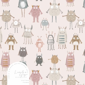 May include: A pink background with a repeating pattern of colorful cartoon monsters. The monsters have different shapes, sizes, and expressions. The pattern is perfect for a child's room or nursery.